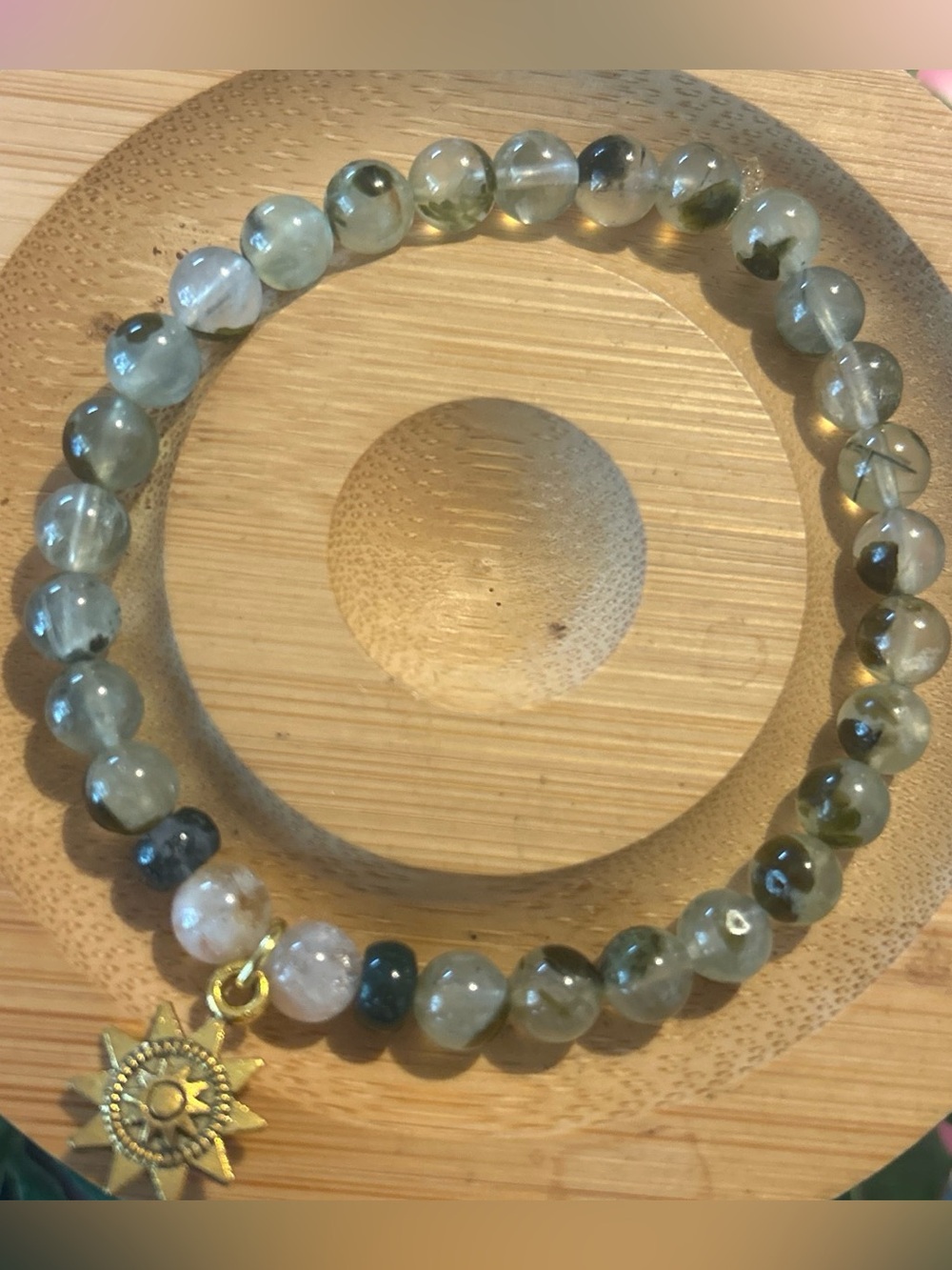 Handmade prehnite with epidote + moss agate + citrine bracelet with sun charm